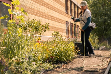 a woman waters plants at a school