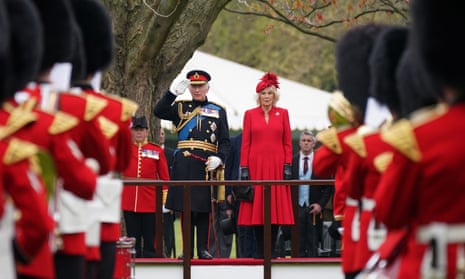 King Charles III and the Queen Consort at a military ceremony at Buckingham Palace, London, 27 April 2023