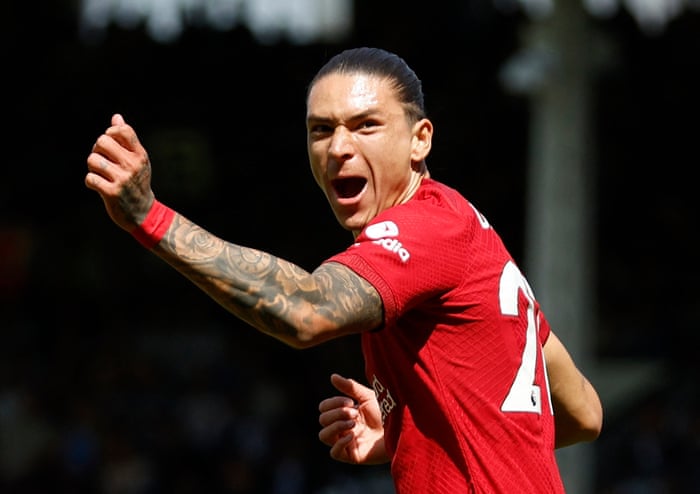 Liiverpool’s Darwin Nunez celebrates scoring their equaliser.