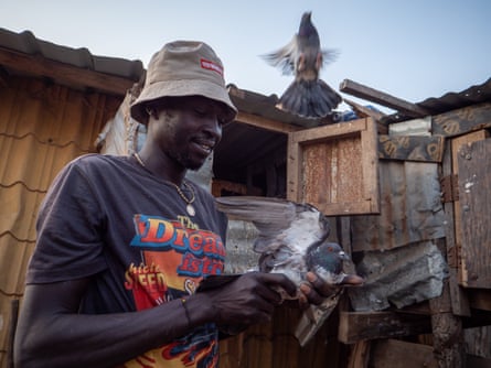 A young African man in a bucket hat holding a pigeon