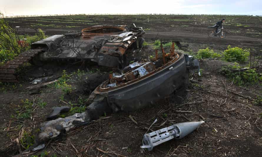 Trench positions of Russian forces littered with munitions and other remnants of war during occupation of Malaya Rohan, Ukraine.