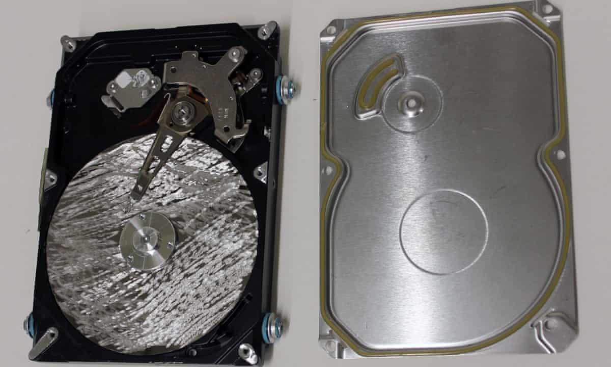 A destroyed hard disk previously containing sensitive data