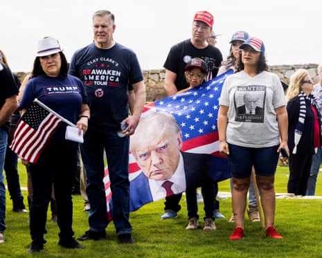 Maga Maga: supporters of Donald Trump listen to instructions before a '‘Primary Election Maga Cruise” rally in California on Sunday, heading from the Trump National Gold Club in Rancho Palos Verdes to Huntington Beach.