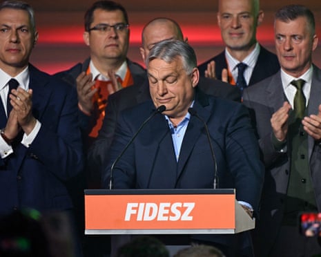 Hungary's prime minister Viktor Orbán addresses supporters at the Balna centre in Budapest during a general election in Hungary.