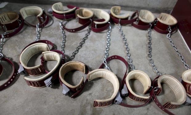 Leg shackles are seen on the floor at Camp 6 detention center in Guantanamo Bay, Cuba.