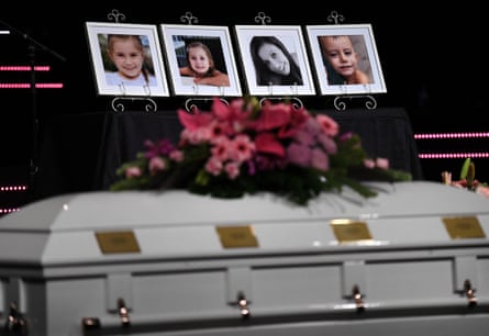 Photos of Hannah Clarke and her three children on display at their funeral in Brisbane