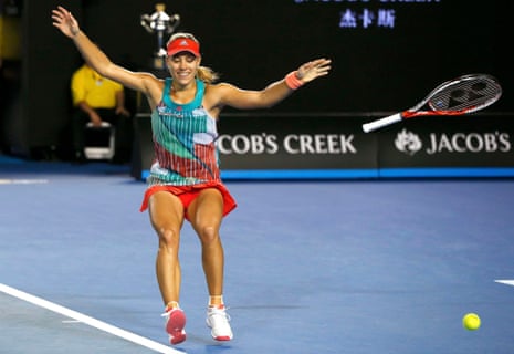 Kerber falls to the ground after winning.