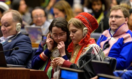 Attendees listen during the 22nd session of the Permanent Forum on Indigenous Issue at the United Nations headquarters in New York City on 20 April 2023.