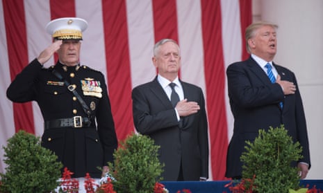 Gen Joe Dunford, the defense secretary, Jim Mattis, and President Donald Trump on Memorial Day.