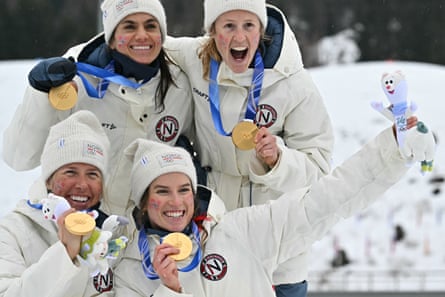 Norway’s victorious women’s 4x7.5km cross-country relay team (clockwise from top left) Heidi Weng, Karoline Simpson-Larsen, Kristin Austgulen Fosnæs and Astrid Øyre Slind with their gold medals