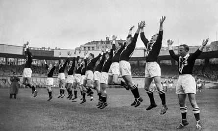 New Zealand players do the Haka before their match against France at the Rugby League World Cup in 1954.