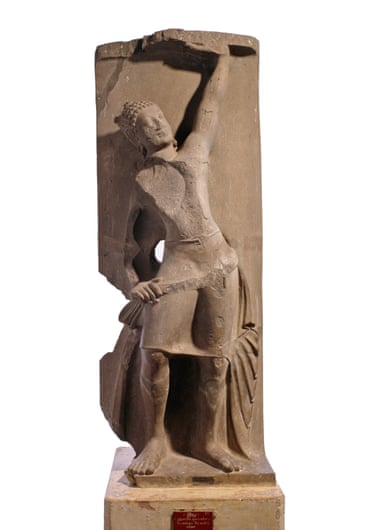 Cambodia, Takeo, Angkor Borei, Wat Koh, Pre-Angkor period (c100–800), Phnom Da style ‘Krishna Govardhana’ late 500s, sandstone, 161 × 65.5 × 35.2 cm excl tenon, National Museum of Cambodia, Phnom Penh.