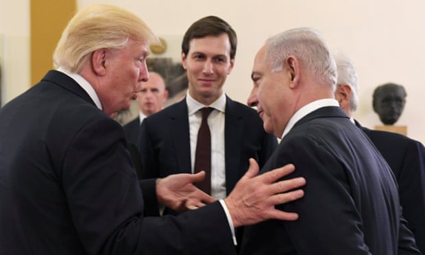 Donald Trump speaks with Benjamin Netanyahu as Jared Kushner looks on. Trump repeatedly referred to Iran in remarks on Monday.