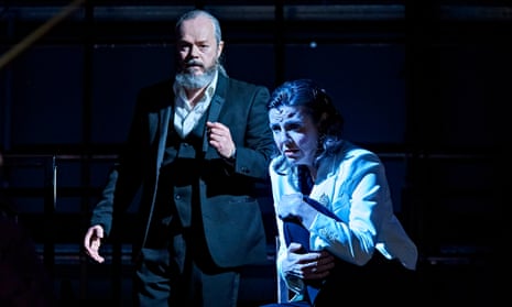 Paul Carey Jones as Wotan with  Lee Bisset as Brünnhilde in Longborough festival’s semi-staged Die Walküre