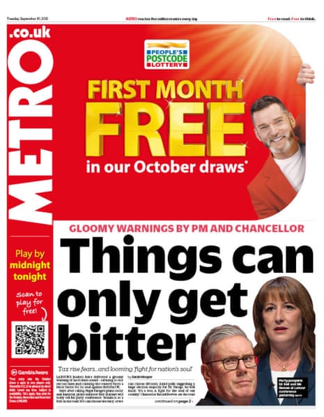 The front page of the Metro, with a headline reading ‘Things can only get bitter’