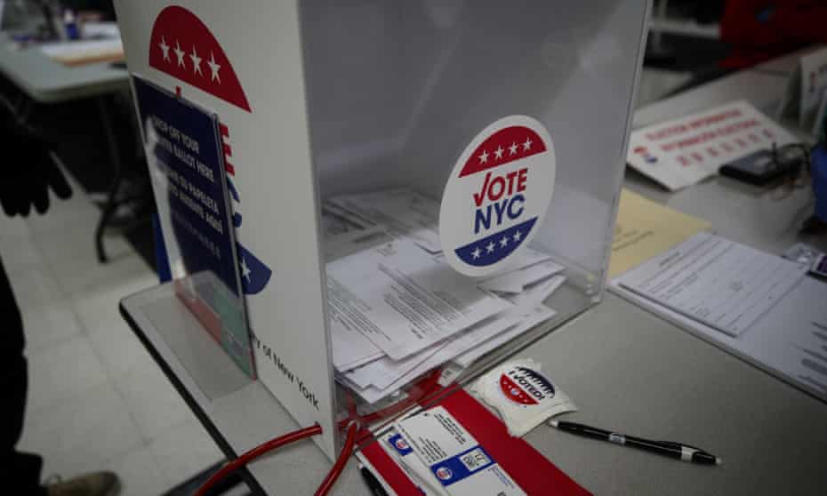 A ballot box for the 2020 presidential election is seen at a polling site in Manhattan.