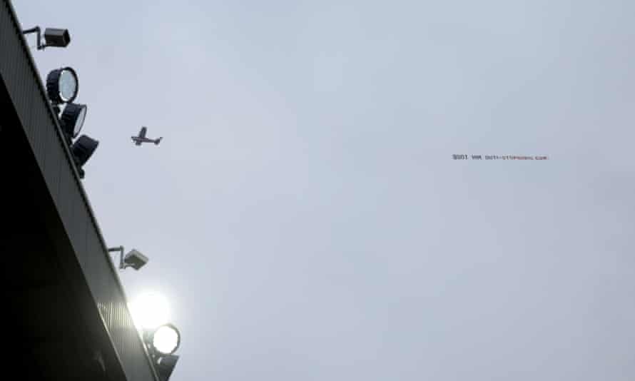 A light aircraft with a banner against Prime Minister Boris Johnson at the Manchester United v West Ham United match Old Trafford, Manchester
