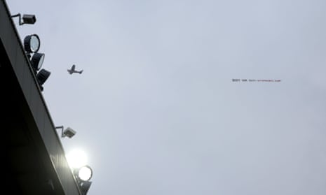 A light aircraft with a banner against Prime Minister Boris Johnson at the Manchester United v West Ham United match Old Trafford, Manchester