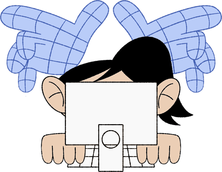 two wireframe hands looming over a person working on a computer #4864b8