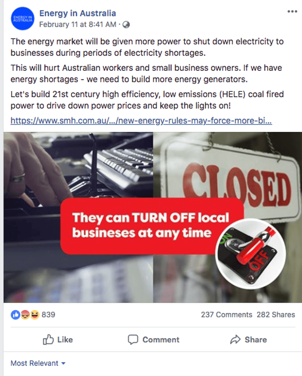 Screenshot of the Energy in Australia Facebook page.