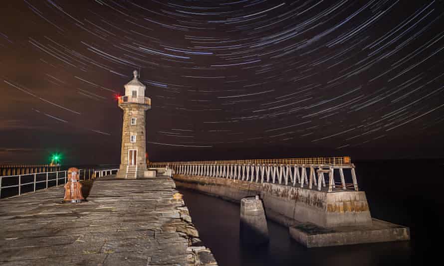 Star trails above Whitby pier.