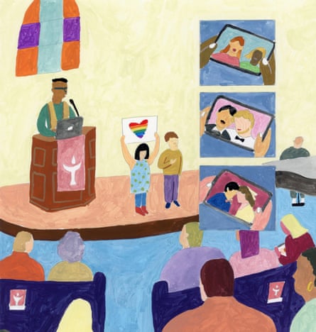 An illustration of people at a church