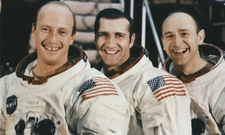 Pete Conrad, Richard Gordon and Bean, seen at their mission simulator at the Kennedy Space Center in 1969.