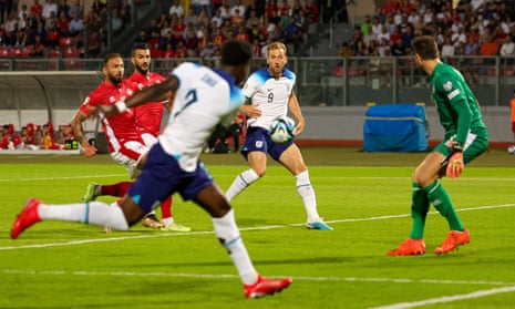 Bukayo Saka puts in a cross which Ferdinando Apap of Malta puts into his own net giving England an early lead during the Euro 2024 qualifier in Malta.