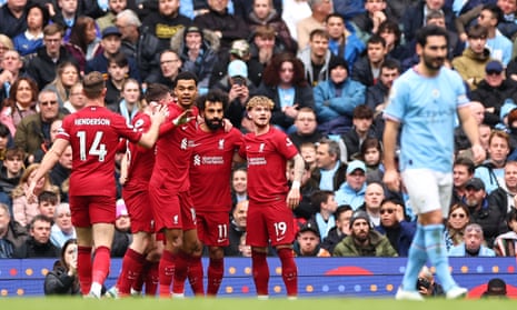 Mohamed Salah of Liverpool celebrates after opening the scoring at Manchester City.