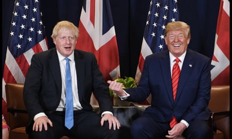“I’m with this guy.” Boris Johnson and Donald Trump at an event together when they were both in charge, in 2019.