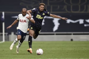 Tottenham’s Lucas Moura, left, and Newcastle’s Joelinton vie for the ball.