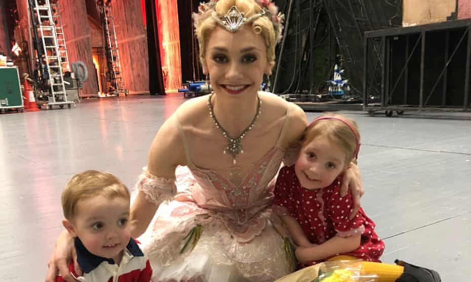 Elizabeth Harrod backstage with her children at the Royal Opera House after a performance of the Nutcracker.