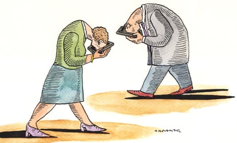 Illustration by Andrzej Krauze of two people walking with their heads in their phones
