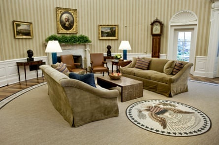 A relatively subdued Oval Office in 2010, including Barack Obama’s prized carpet