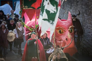 Glastonbury dragons are paraded through the town as they celebrate the traditional festival of Samhain.