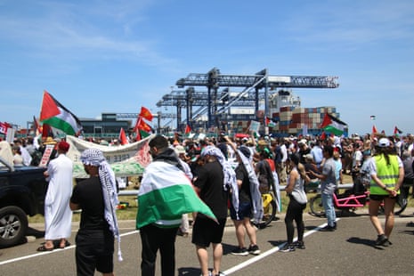Pro-Palestine protestests hold a rally at Port Botany Boat Ramp. 'Stop the Genocide in Gaza - block the Zim boat' rally, Port Botany Boat Ramp, Sydney, NSW, Australia - 11 Nov 2023
