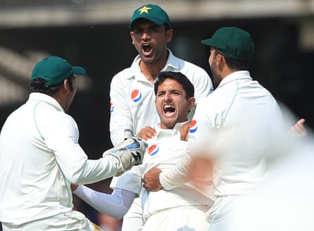 Pakistan’s Mohammad Abbas celebrates taking the wicket of Joe Root during the 2018 Lord’s Test