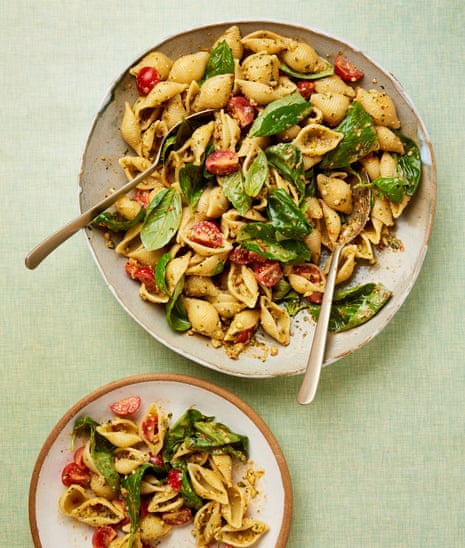 Meera Sodha’s recipe for pasta salad with almonds, tomatoes and basil.