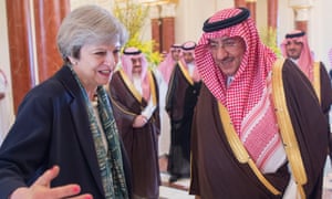 Theresa May, weclomed in Riyadh by Saudi Arabian crown prince Muhammad bin Nayef.