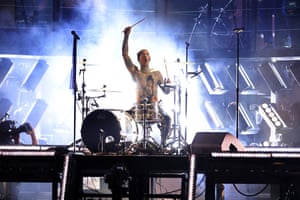 Travis Barker performs on stage during the 64th snnual Grammy awards at the MGM Grand Garden Arena in Las Vegas