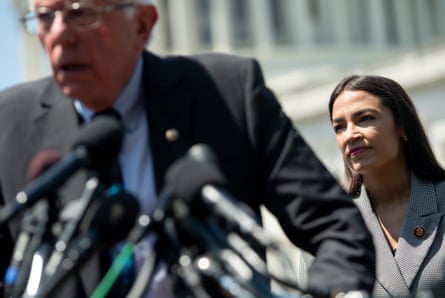 Bernie Sanders speaks alongside Alexandria Ocasio-Cortez at a press conference to introduce college affordability legislation outside the US Capitol, 24 June 2019.