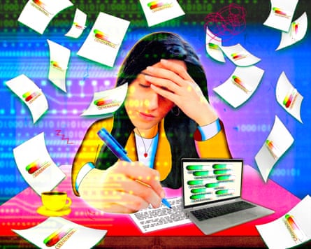 woman sitting at a desk writing a job application surrounded by flying sheets of paper