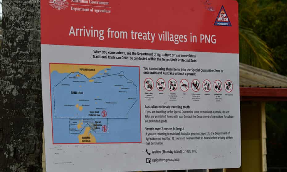 A sign about travel from treaty villages in PNG on Boigu in the Torres Strait.