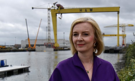 British Foreign Secretary and Conservative leadership candidate Liz Truss attends a Conservative Party leadership campaign event in BelfastBritish Foreign Secretary and Conservative leadership candidate Liz Truss stands next to the Pioneer foil boat that is used to transport crew in offshore wind farms, and Harland and Wolff shipyard cranes during a Conservative Party leadership campaign event, at Artemis Technologies in Belfast Harbour, Belfast, Northern Ireland, August 17, 2022. REUTERS/Clodagh Kilcoyne/Pool