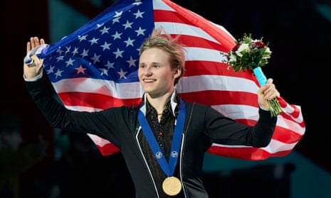 Ilia Malinin of the United States skates with his gold medal during the victory ceremony for the men's free program at the International Skating Union World Figure Skating Championships in Montreal