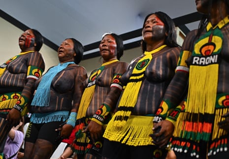 Kayapo women during an event at Cop30. The Kayapo chief Raoni condemned oil drilling in the Amazon.