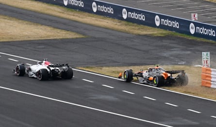 Max Verstappen and Lando Norris almost collide exiting the pits