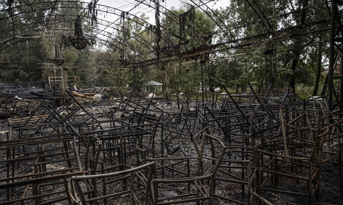 The remains of a destroyed restaurant in Kharkiv following Russia’s overnight airstrike on the city