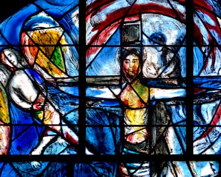 Vivid stained glass windows depicting Christ created in the 1960s and on show in a church in Kent.