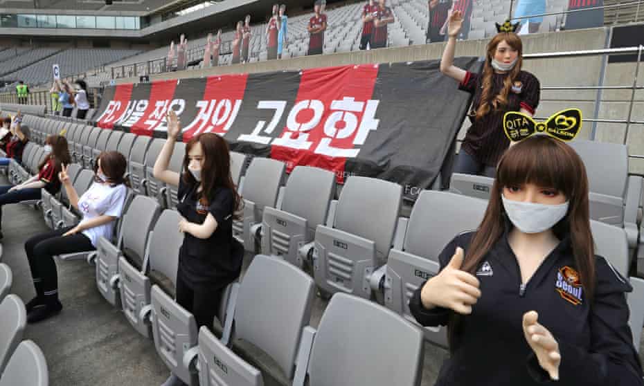 Sex dolls in the stands of Seoul World Cup Stadium as FC Seoul and Gwangju FC play a football match